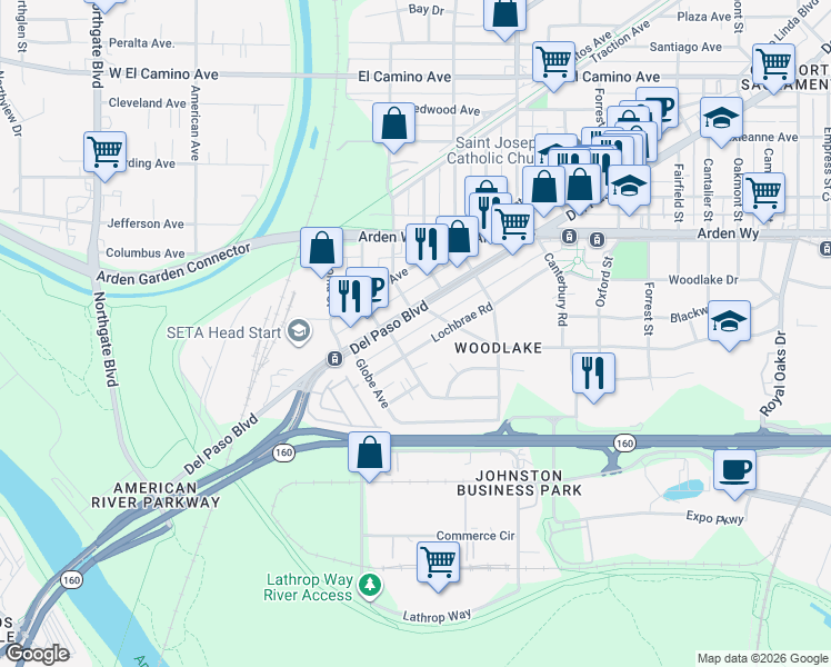 map of restaurants, bars, coffee shops, grocery stores, and more near 1121 Del Paso Boulevard in Sacramento