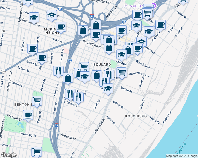 map of restaurants, bars, coffee shops, grocery stores, and more near 1014 Lami Street in St. Louis