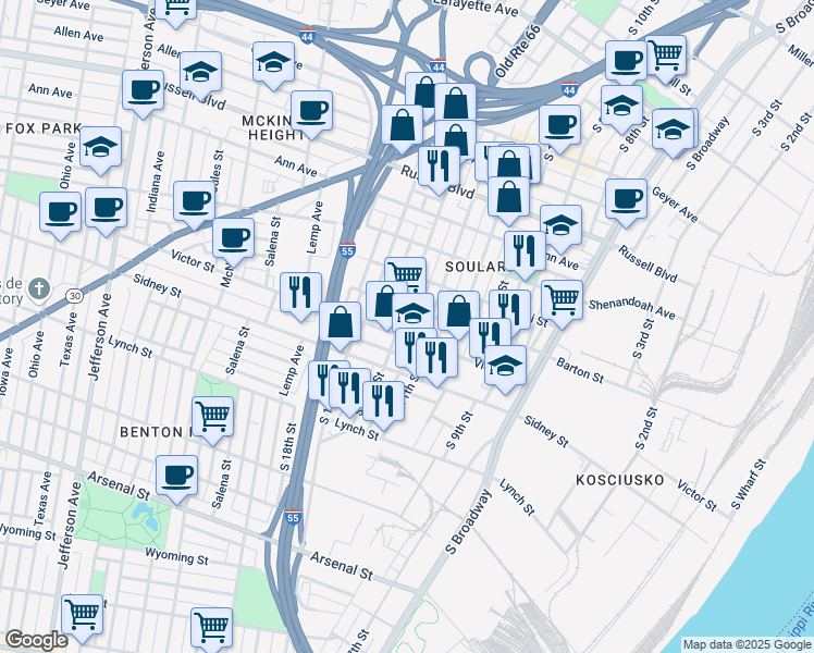 map of restaurants, bars, coffee shops, grocery stores, and more near 2401 South 12th Street in St. Louis