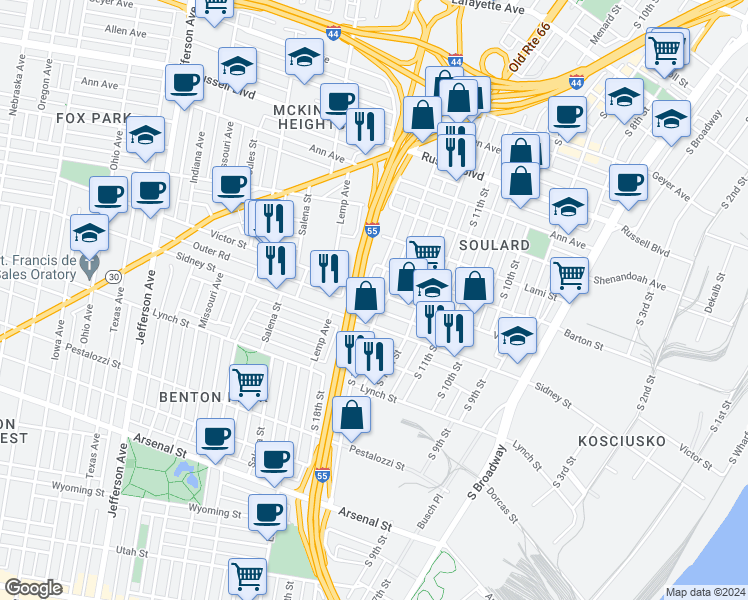 map of restaurants, bars, coffee shops, grocery stores, and more near 2411 South 13th Street in St. Louis