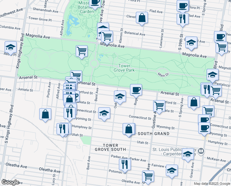 map of restaurants, bars, coffee shops, grocery stores, and more near in St. Louis