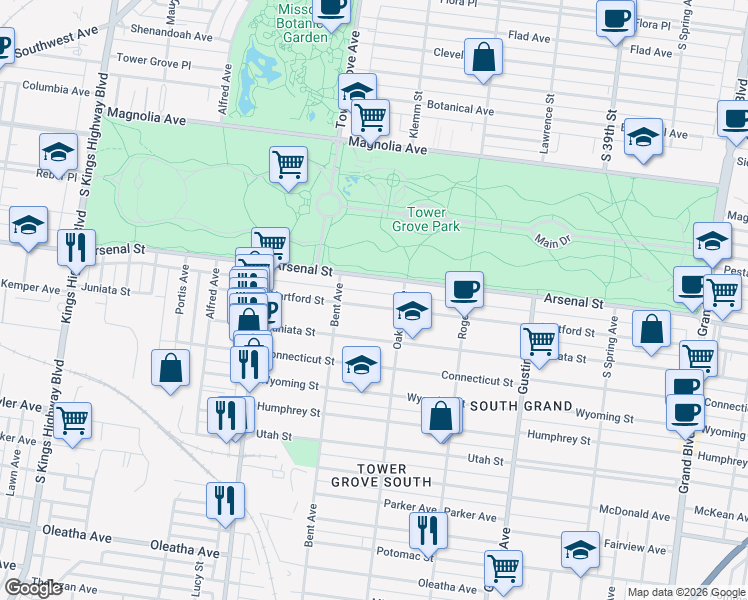 map of restaurants, bars, coffee shops, grocery stores, and more near 4134 Arsenal Street in St. Louis