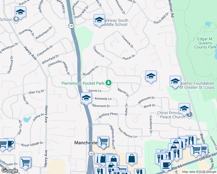 map of restaurants, bars, coffee shops, grocery stores, and more near 1021 Dauphine Lane in Ballwin