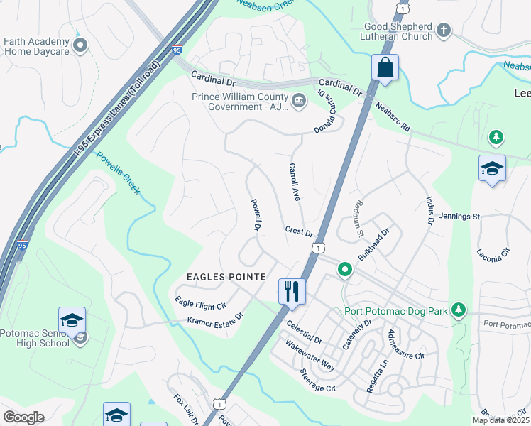 map of restaurants, bars, coffee shops, grocery stores, and more near 2833 Powell Drive in Woodbridge