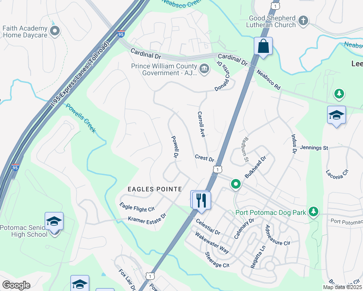 map of restaurants, bars, coffee shops, grocery stores, and more near 2833 Powell Drive in Woodbridge