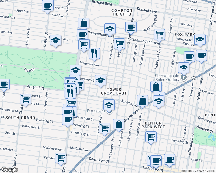 map of restaurants, bars, coffee shops, grocery stores, and more near 3321 Pestalozzi Street in St. Louis