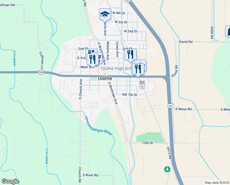 map of restaurants, bars, coffee shops, grocery stores, and more near 615 Corey Avenue in Olathe