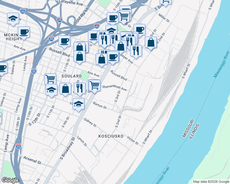 map of restaurants, bars, coffee shops, grocery stores, and more near 400 Shenandoah Avenue in St. Louis