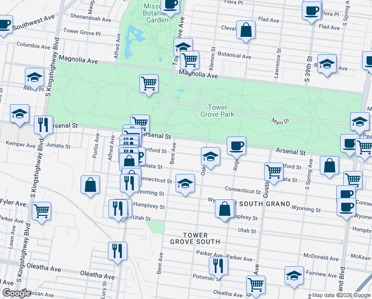 map of restaurants, bars, coffee shops, grocery stores, and more near 4134 Arsenal Street in St. Louis