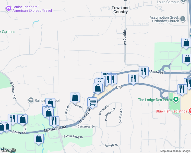 map of restaurants, bars, coffee shops, grocery stores, and more near 13005 Pingry Place in St. Louis