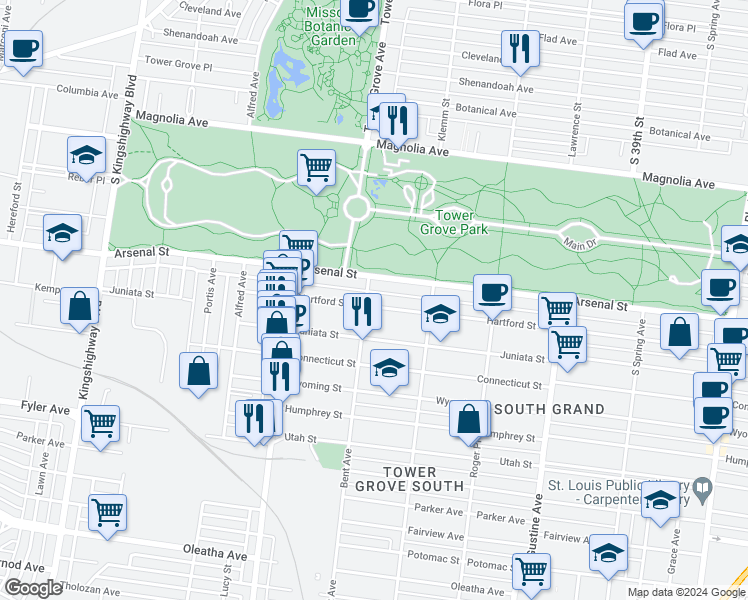 map of restaurants, bars, coffee shops, grocery stores, and more near 4165 Hartford Street in St. Louis