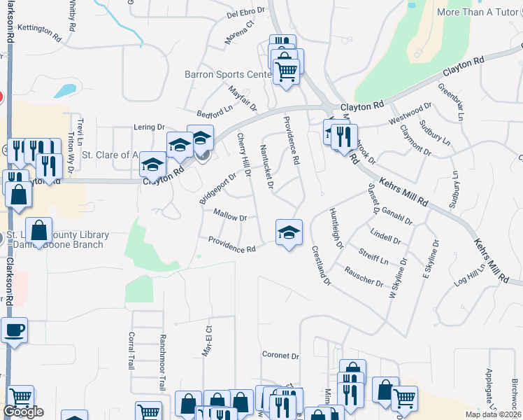 map of restaurants, bars, coffee shops, grocery stores, and more near 323 Nantucket Drive in Ballwin