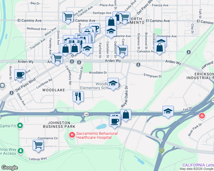 map of restaurants, bars, coffee shops, grocery stores, and more near 630 Blackwood Street in Sacramento