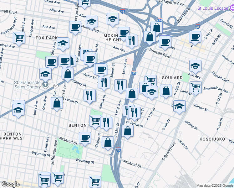 map of restaurants, bars, coffee shops, grocery stores, and more near 1910 Victor Street in St. Louis