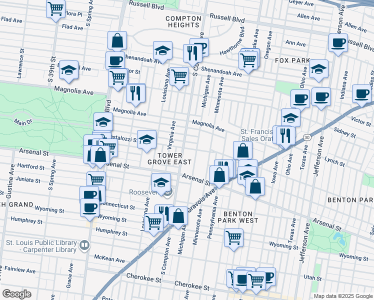 map of restaurants, bars, coffee shops, grocery stores, and more near 2841 Michigan Avenue in St. Louis