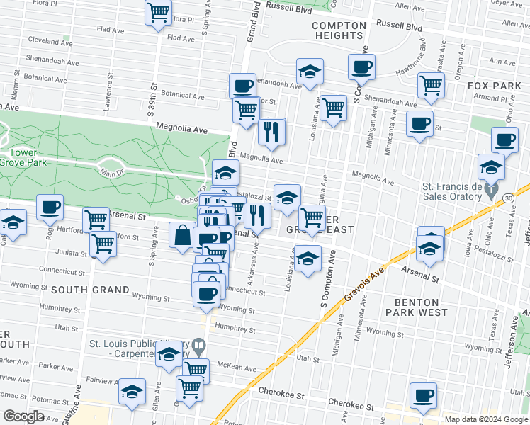 map of restaurants, bars, coffee shops, grocery stores, and more near 3504 Pestalozzi Street in St. Louis