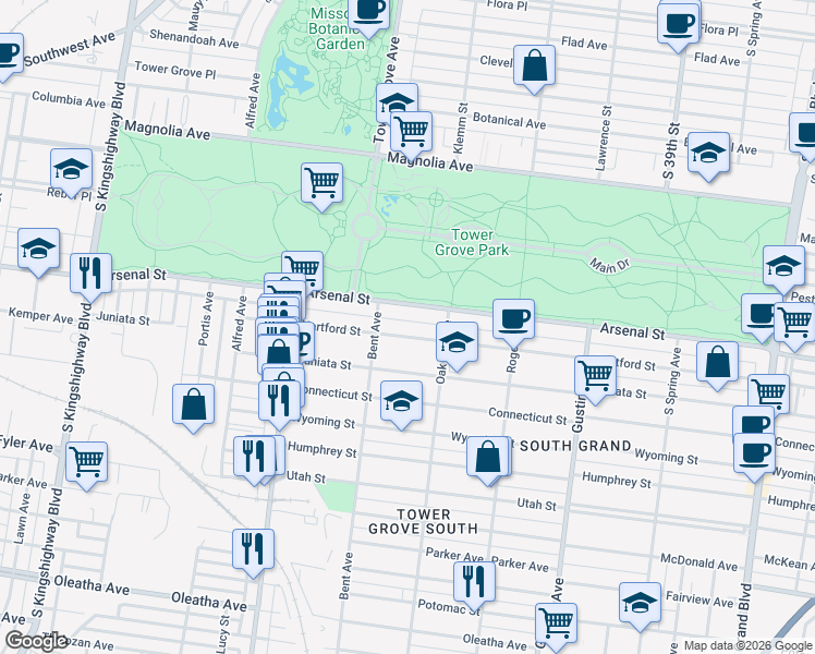 map of restaurants, bars, coffee shops, grocery stores, and more near 4134 Arsenal Street in St. Louis