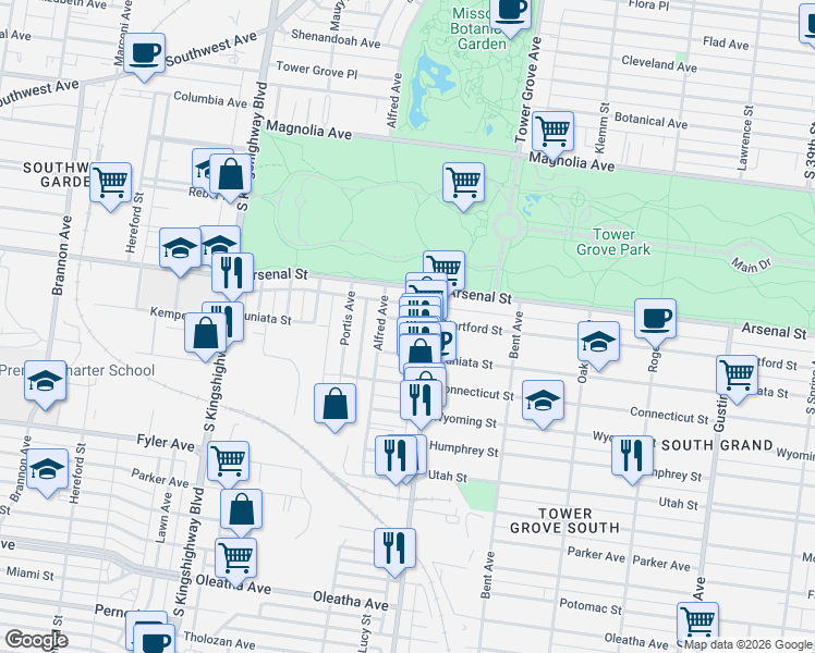 map of restaurants, bars, coffee shops, grocery stores, and more near 4335 Hartford Street in St. Louis