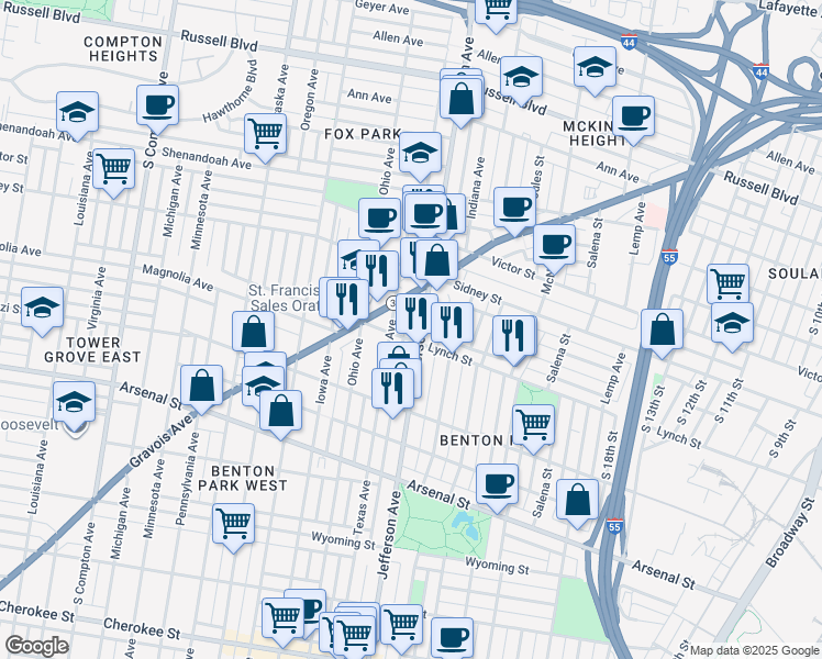 map of restaurants, bars, coffee shops, grocery stores, and more near 2705 South Jefferson Avenue in St. Louis