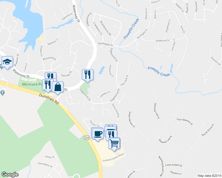 map of restaurants, bars, coffee shops, grocery stores, and more near 4086 Camelot Court in Dumfries