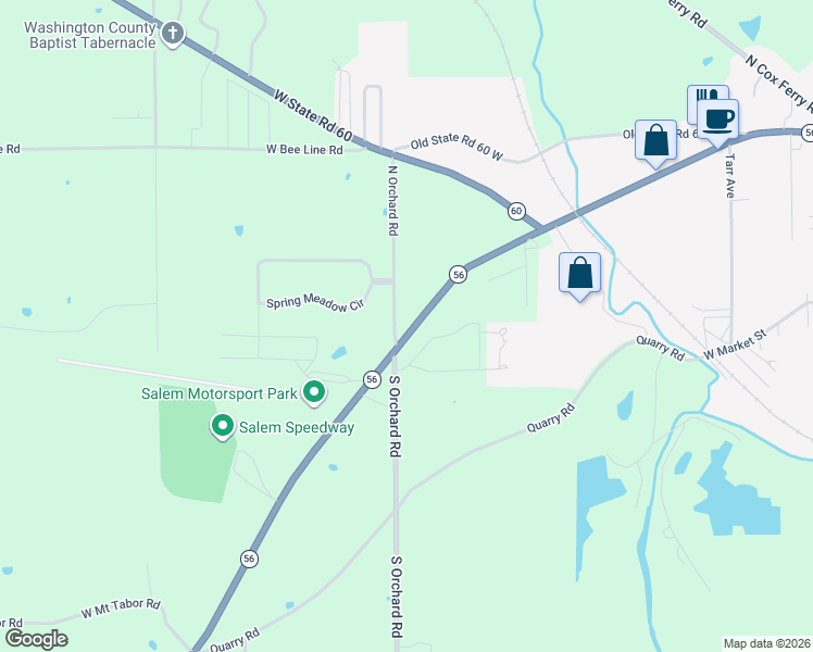 map of restaurants, bars, coffee shops, grocery stores, and more near 2005 Indiana 56 in Salem
