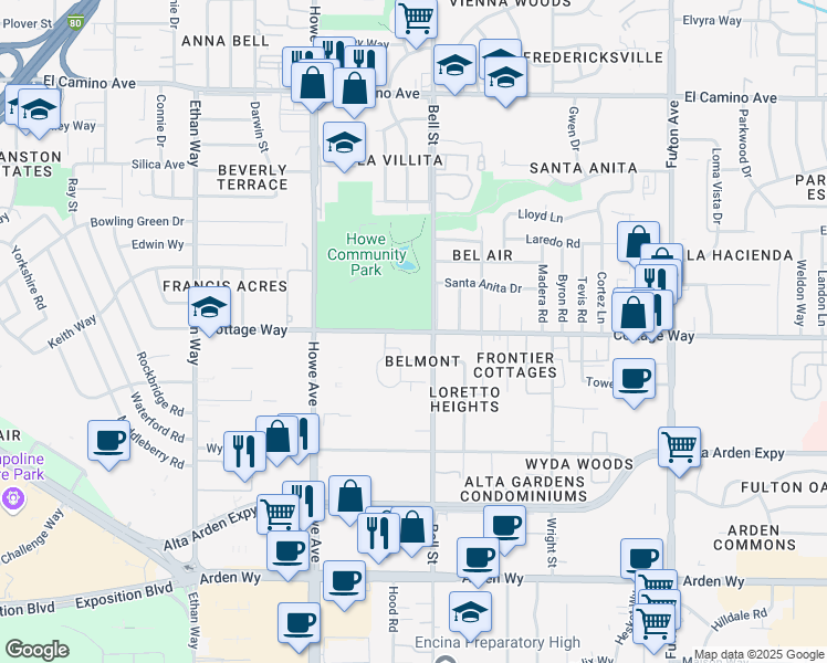 map of restaurants, bars, coffee shops, grocery stores, and more near 2275 Cottage Way in Sacramento