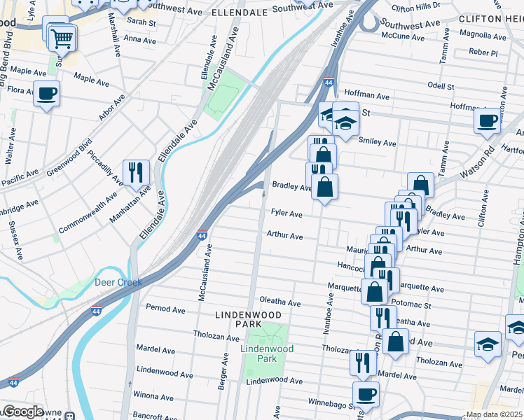 map of restaurants, bars, coffee shops, grocery stores, and more near Jamieson Ave & Fyler Ave in St Louis