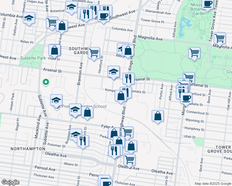 map of restaurants, bars, coffee shops, grocery stores, and more near 4952 Kemper Avenue in St. Louis