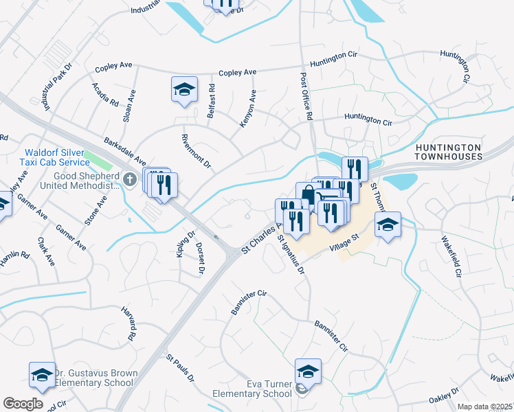 map of restaurants, bars, coffee shops, grocery stores, and more near 3008 Pilgrims Square in Saint Charles