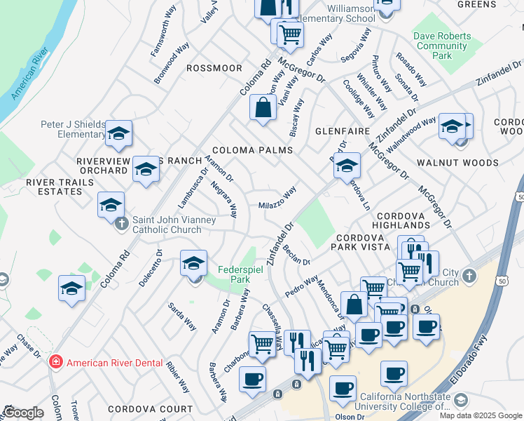 map of restaurants, bars, coffee shops, grocery stores, and more near 10571 Milazzo Way in Rancho Cordova