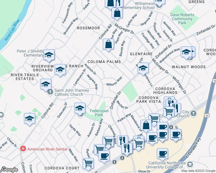 map of restaurants, bars, coffee shops, grocery stores, and more near 10571 Milazzo Way in Rancho Cordova