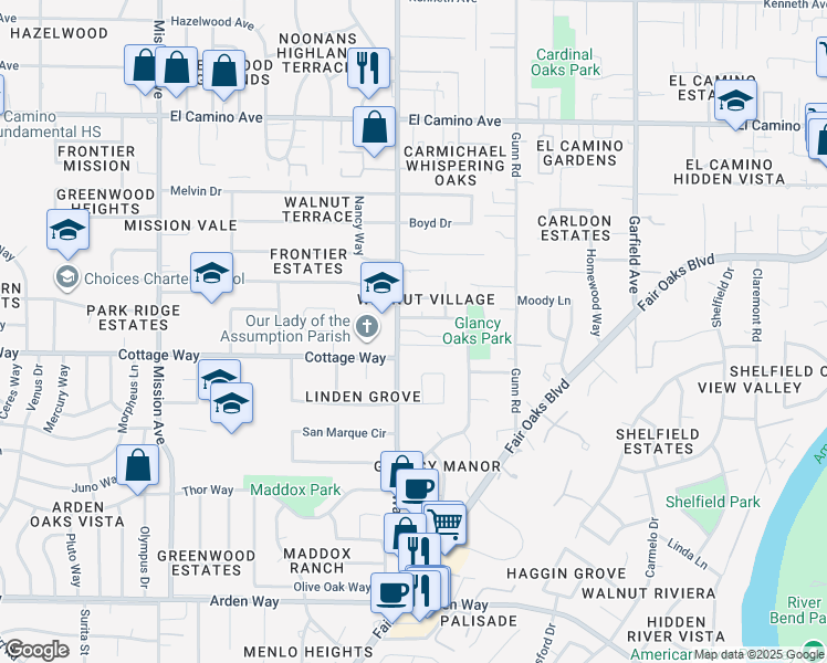 map of restaurants, bars, coffee shops, grocery stores, and more near 5101 Parque Vista Way in Carmichael