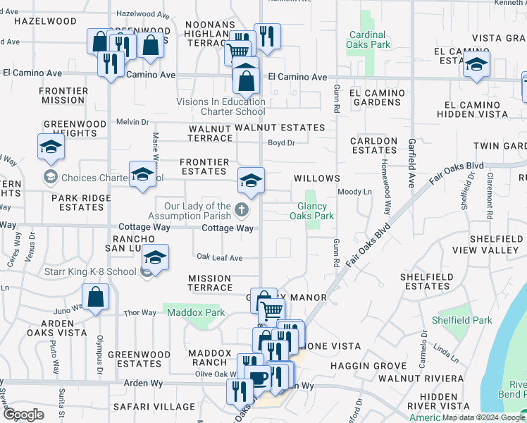 map of restaurants, bars, coffee shops, grocery stores, and more near 5101 Parque Vista Way in Carmichael