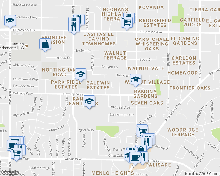map of restaurants, bars, coffee shops, grocery stores, and more near 4917 Clear Circle in Carmichael