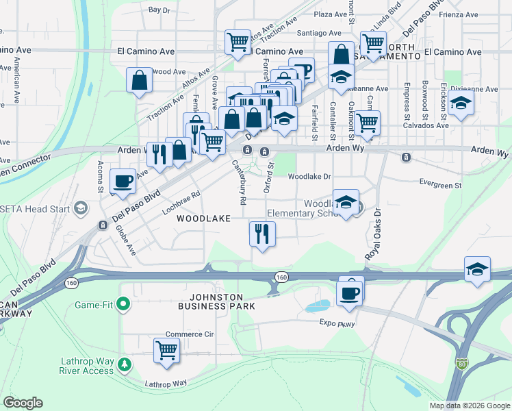 map of restaurants, bars, coffee shops, grocery stores, and more near 2107 Oxford Street in Sacramento