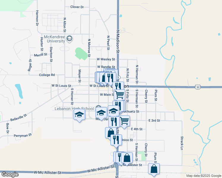 map of restaurants, bars, coffee shops, grocery stores, and more near 119 West Saint Louis Street in Lebanon