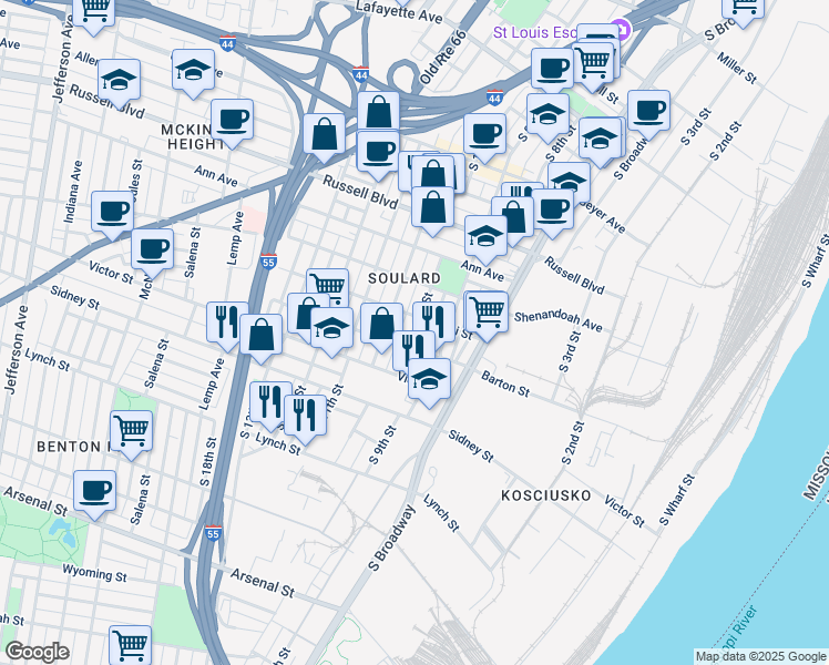 map of restaurants, bars, coffee shops, grocery stores, and more near 1014 Lami Street in St. Louis