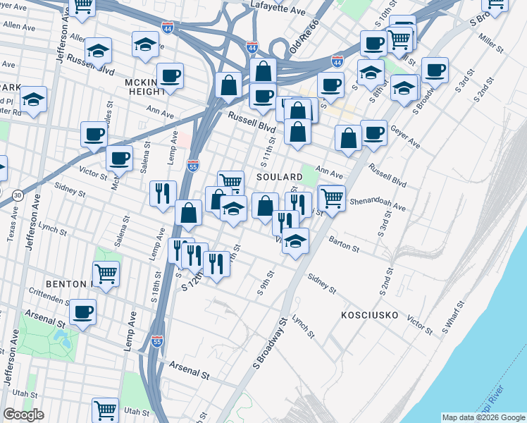 map of restaurants, bars, coffee shops, grocery stores, and more near 2348 South 11th Street in St. Louis