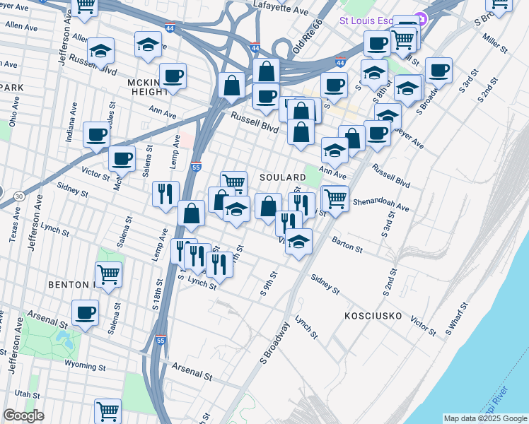 map of restaurants, bars, coffee shops, grocery stores, and more near 2348 South 11th Street in St. Louis