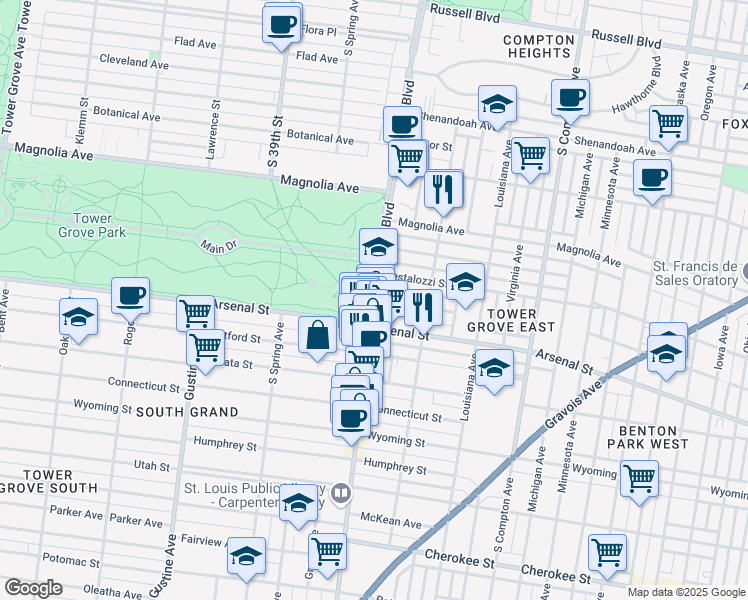 map of restaurants, bars, coffee shops, grocery stores, and more near 2900 South Grand Boulevard in St. Louis