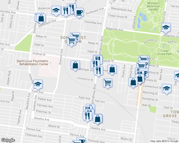 map of restaurants, bars, coffee shops, grocery stores, and more near 4952 Kemper Avenue in St. Louis