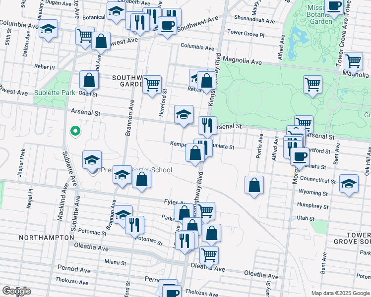 map of restaurants, bars, coffee shops, grocery stores, and more near 4952 Kemper Avenue in St. Louis