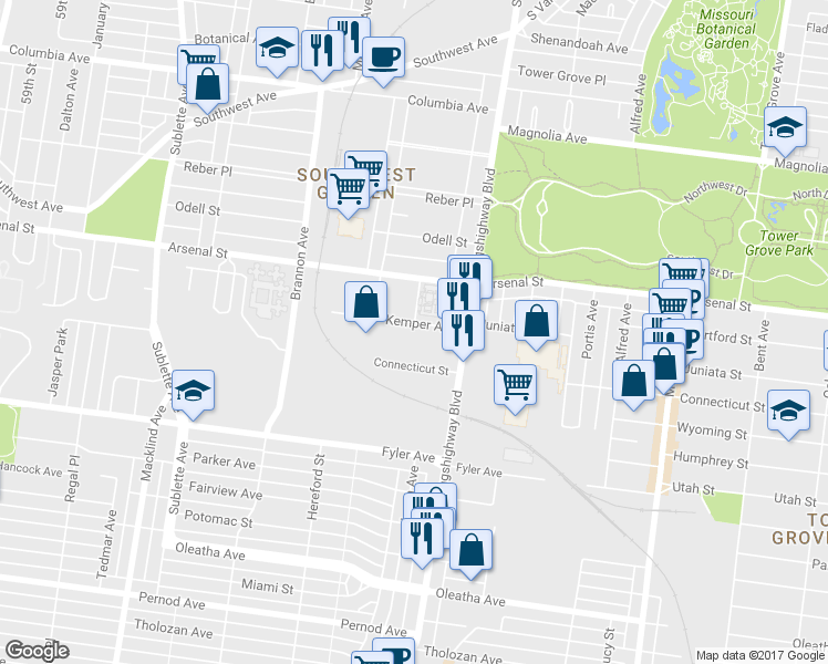 map of restaurants, bars, coffee shops, grocery stores, and more near 4952 Kemper Avenue in St. Louis