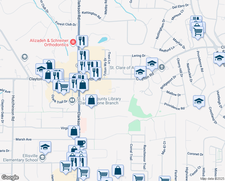 map of restaurants, bars, coffee shops, grocery stores, and more near 15820 Clayton Road in Ellisville
