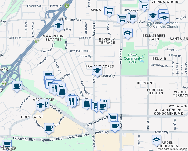 map of restaurants, bars, coffee shops, grocery stores, and more near Ethan Way & Cottage Way in Sacramento