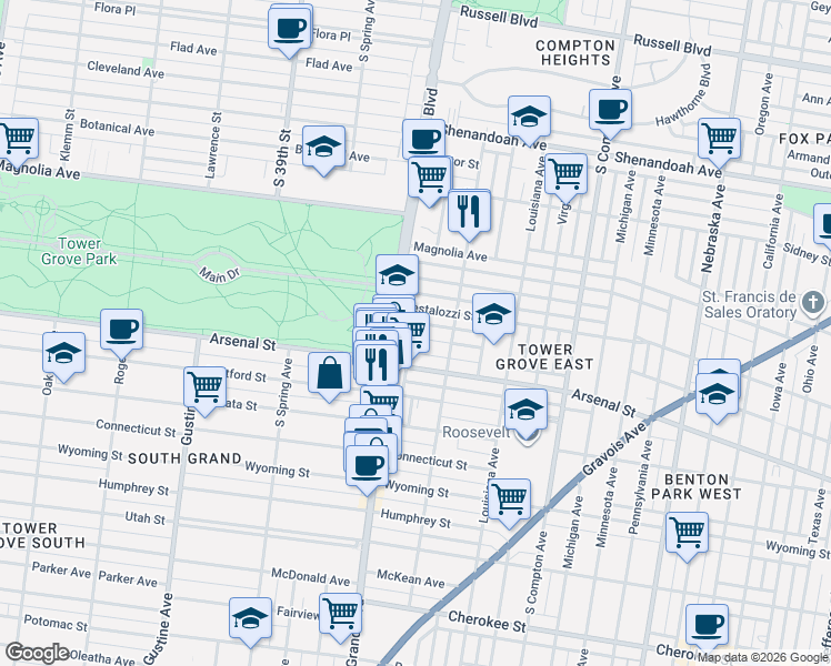 map of restaurants, bars, coffee shops, grocery stores, and more near 2900 South Grand Boulevard in St. Louis