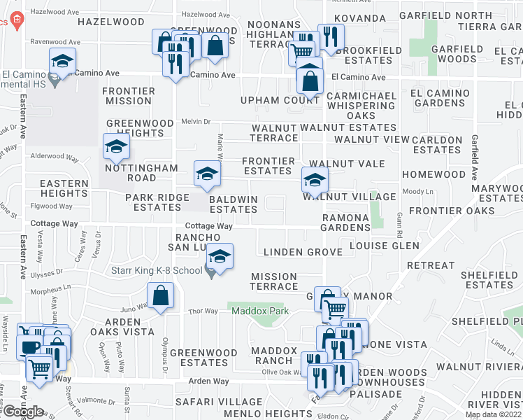map of restaurants, bars, coffee shops, grocery stores, and more near 4925 Clear Circle in Carmichael