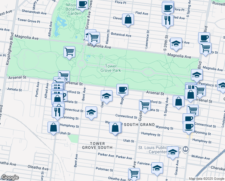 map of restaurants, bars, coffee shops, grocery stores, and more near 4032a Arsenal Street in St. Louis