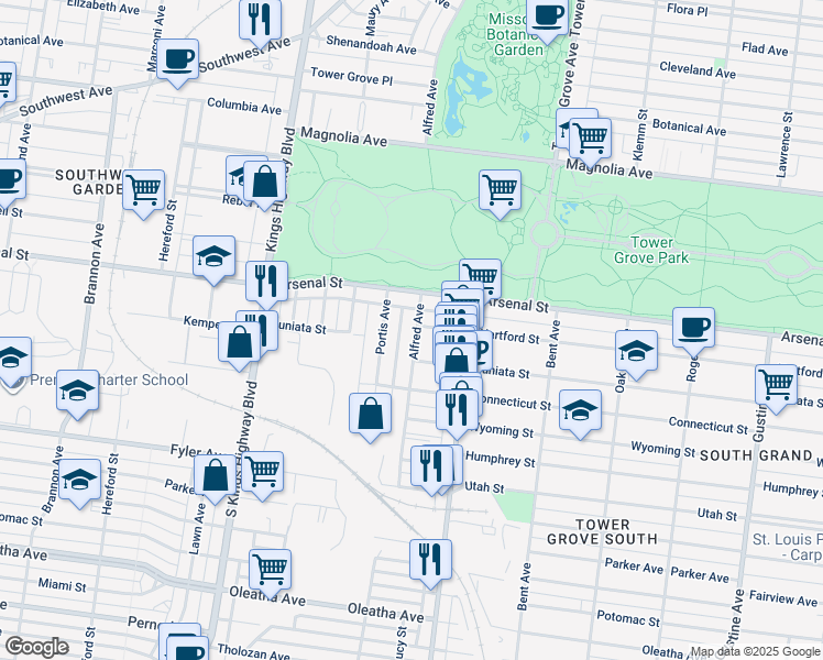 map of restaurants, bars, coffee shops, grocery stores, and more near 3137 Alfred Avenue in St. Louis