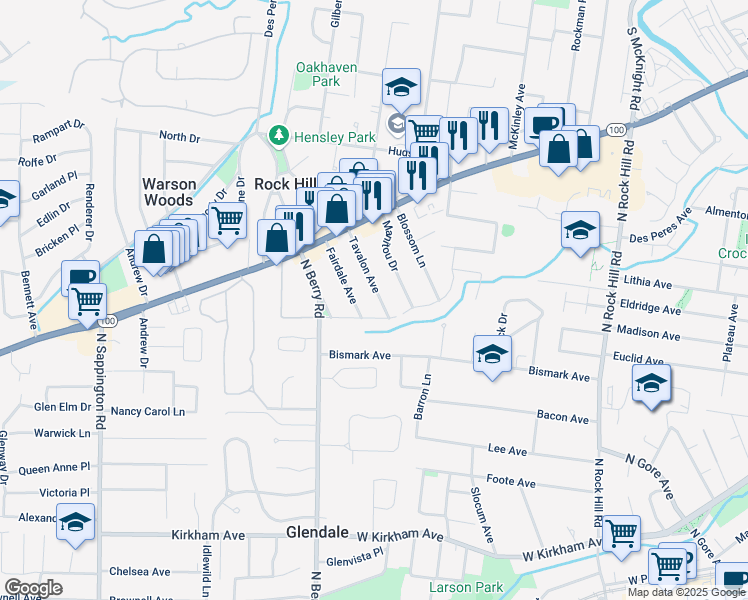 map of restaurants, bars, coffee shops, grocery stores, and more near 843 Tavalon Avenue in St. Louis